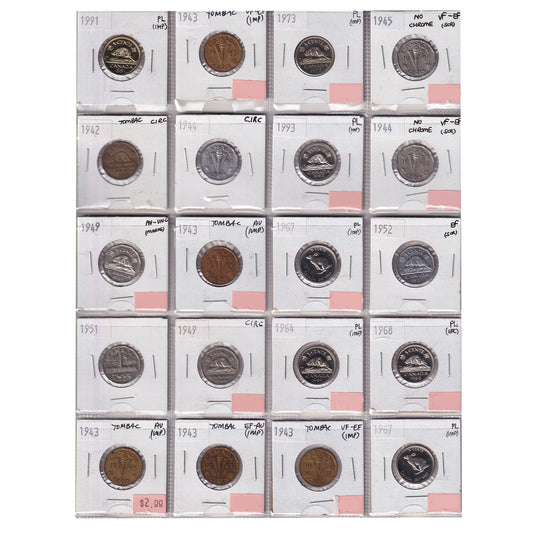 Group Lot of 20x 1943-1993 Canada 5-cents, Circ. To PL, 20pcs