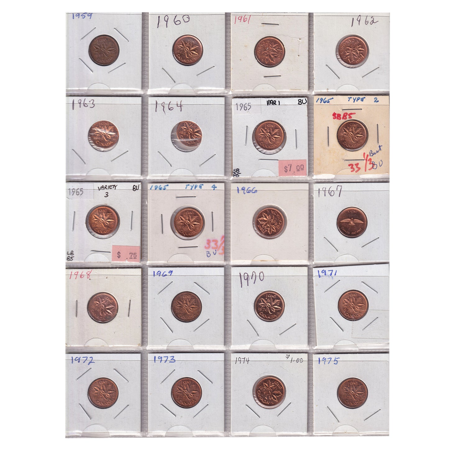 Group Lot of 59x 1920-1975 Canada 1-cents, 59pcs