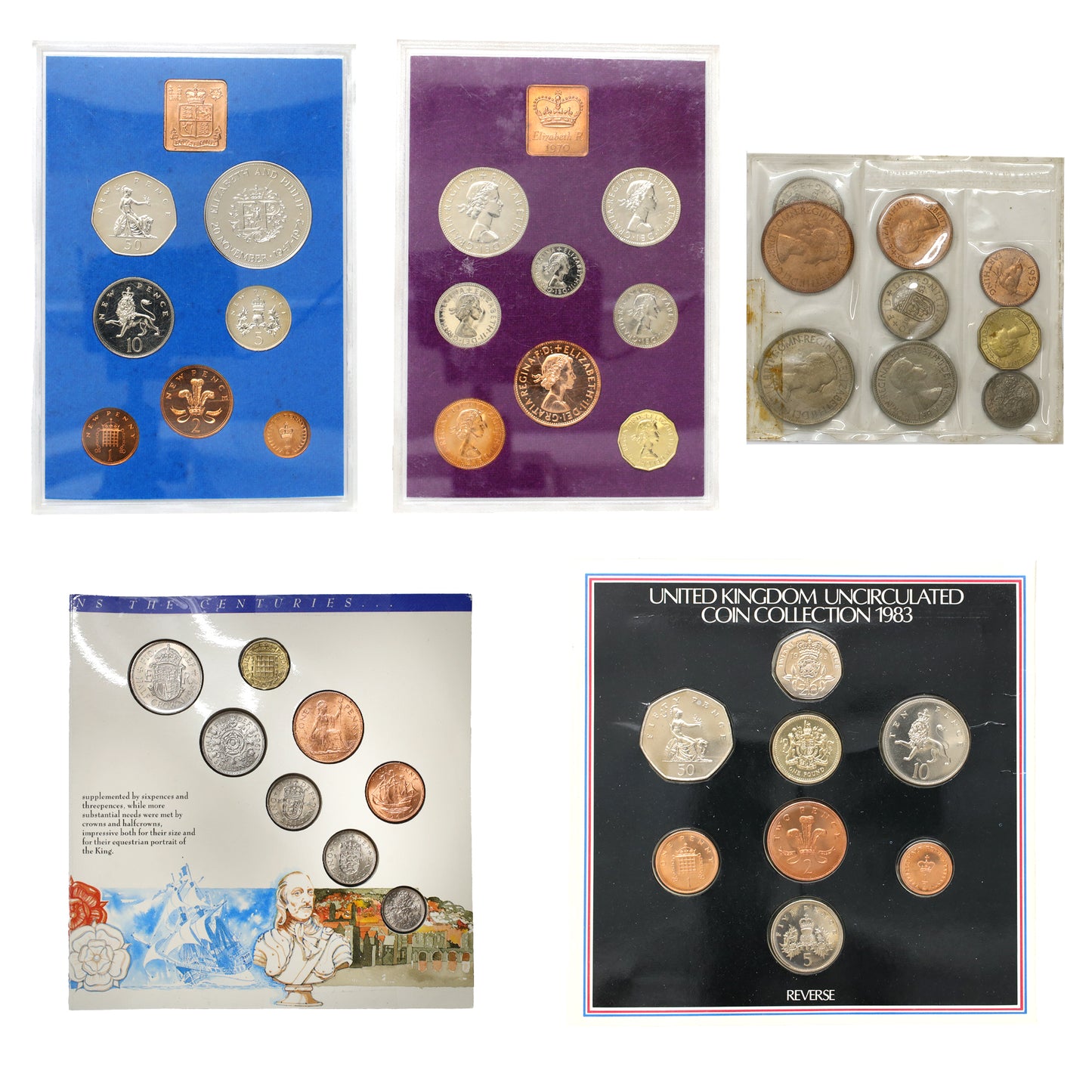 Lot of 5x 1953-1983 United Kingdom Mint Sets, 5pcs (wear & tear)