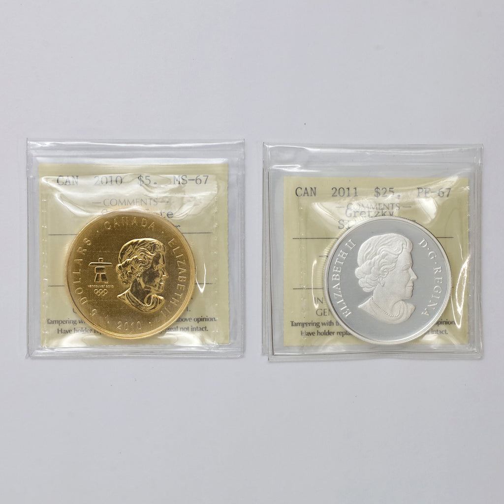 Pair of 2010 & 2011 Canada $5 & $25 Hockey Silver ICCS Cert. MS67 & PF67, 2pcs (No Tax)