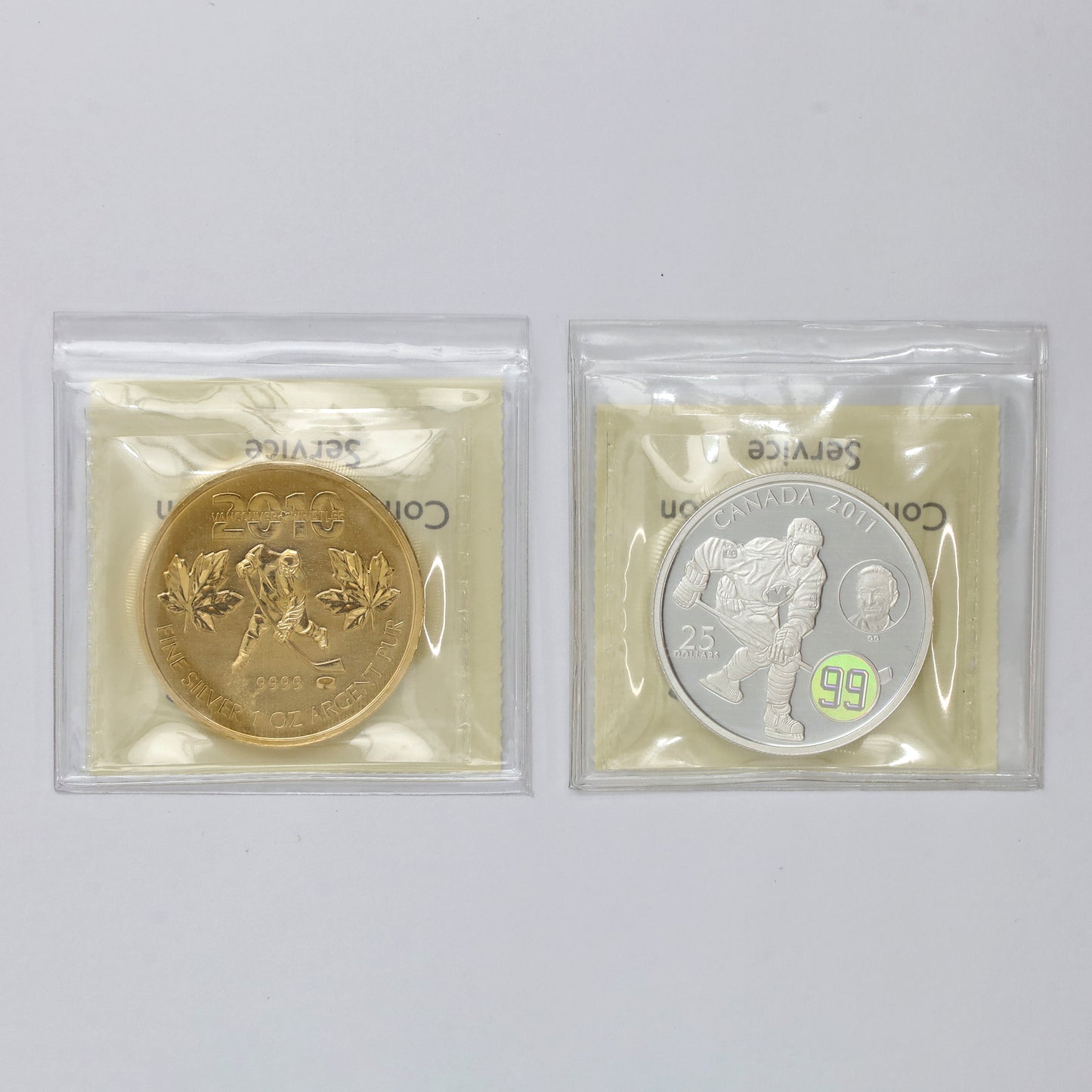 Pair of 2010 & 2011 Canada $5 & $25 Hockey Silver ICCS Cert. MS67 & PF67, 2pcs (No Tax)