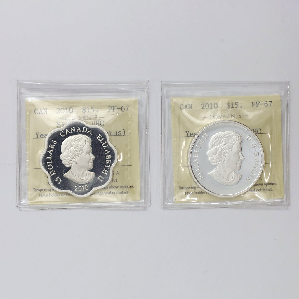 Pair of 2010 Canada $15 Year of the Tiger Fine Silver ICCS Cert. PF67 UHC, 2pcs