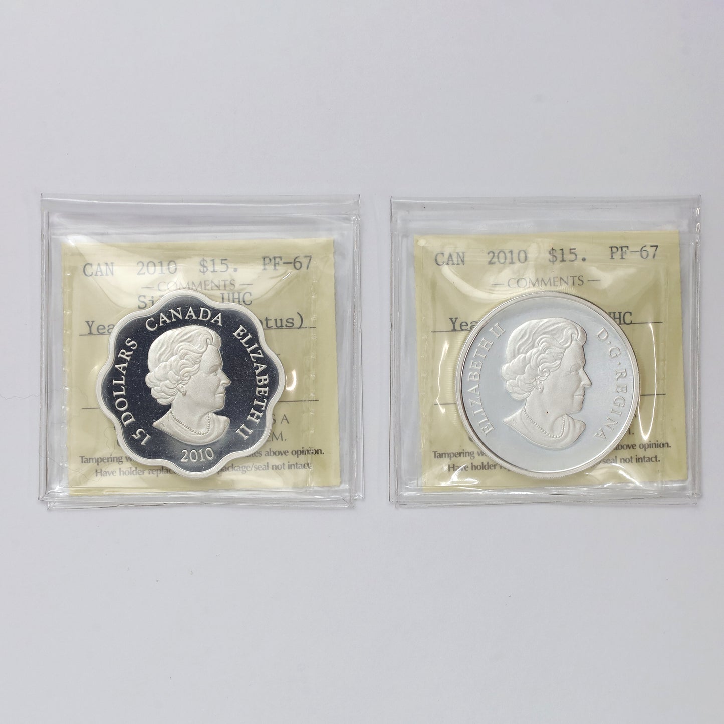 Pair of 2010 Canada $15 Year of the Tiger Fine Silver ICCS Cert. PF67 UHC, 2pcs