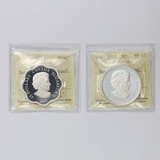 Pair of 2010 Canada $15 Year of the Tiger Fine Silver ICCS Cert. PF67 UHC, 2pcs