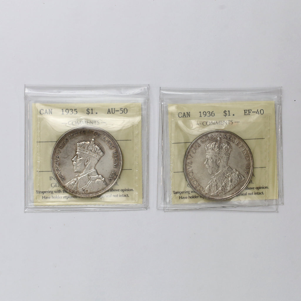 Pair of 1935 & 1936 Canada Dollars ICCS Certified EF40 & AU50, 2pcs (toning)