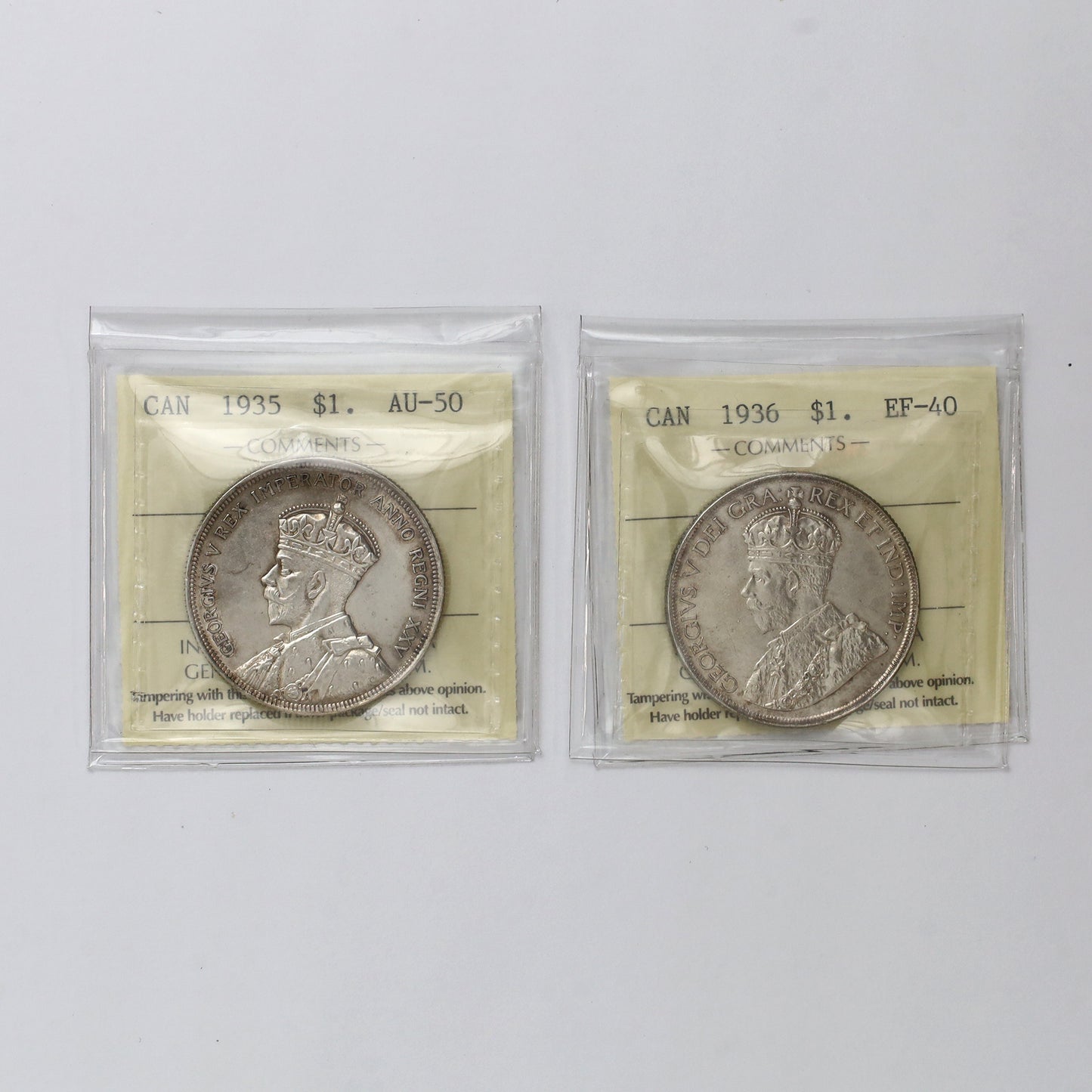 Pair of 1935 & 1936 Canada Dollars ICCS Certified EF40 & AU50, 2pcs (toning)