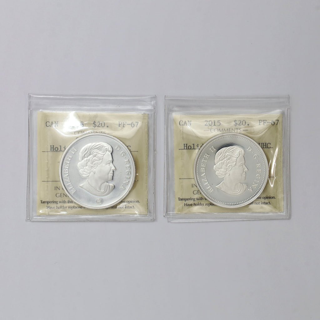 Pair of 2008 & 2015 Canada Holiday .999 Fine Silver Coins ICCS Cert. PF67 UHC (No Tax)