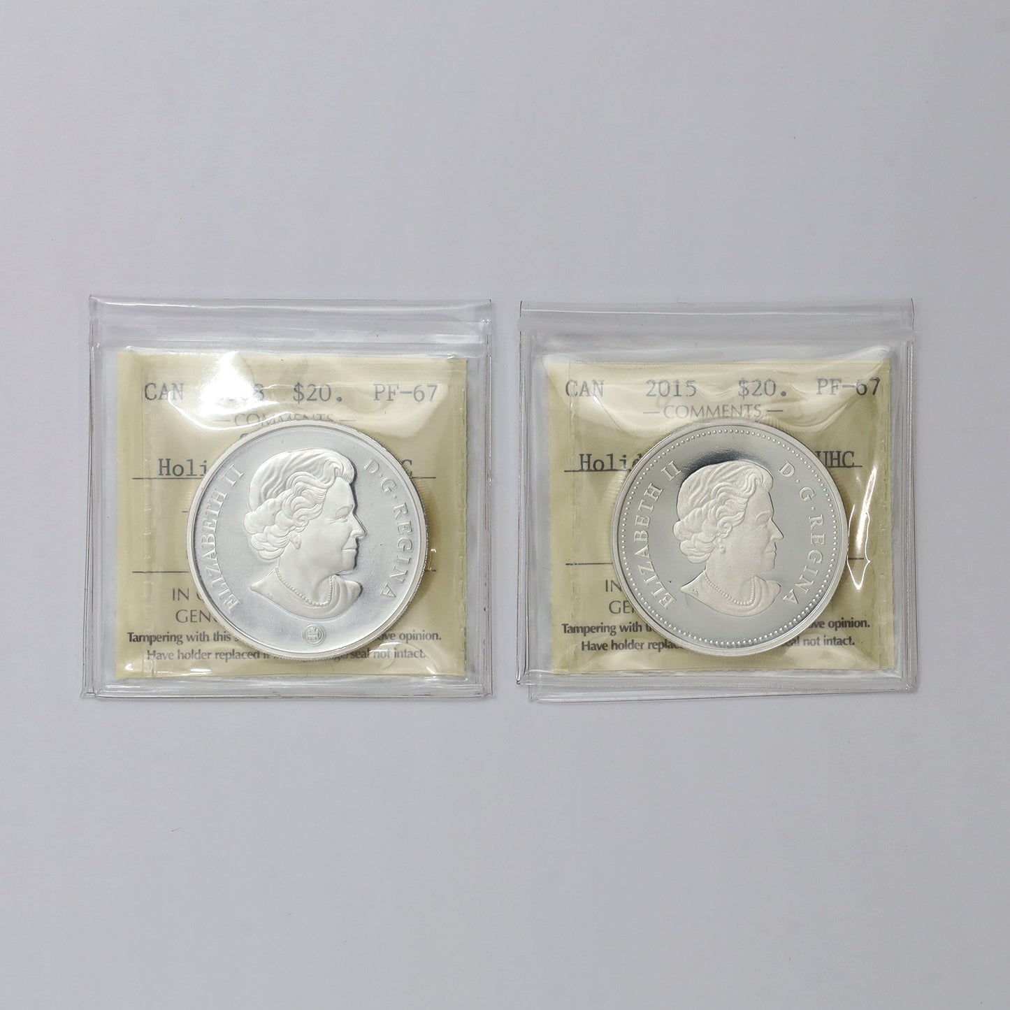 Pair of 2008 & 2015 Canada Holiday .999 Fine Silver Coins ICCS Cert. PF67 UHC (No Tax)