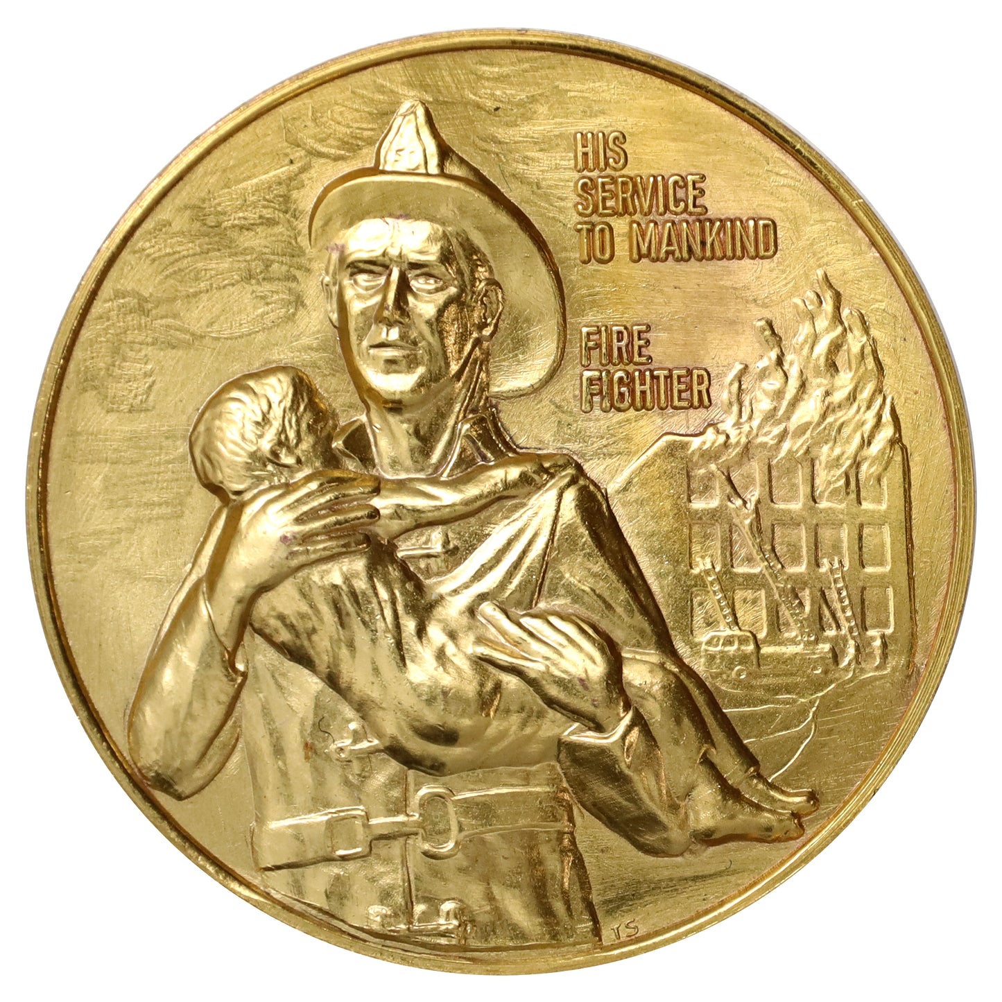 Gold-Plated Fire Fighter Medallion, "His Service to Mankind"