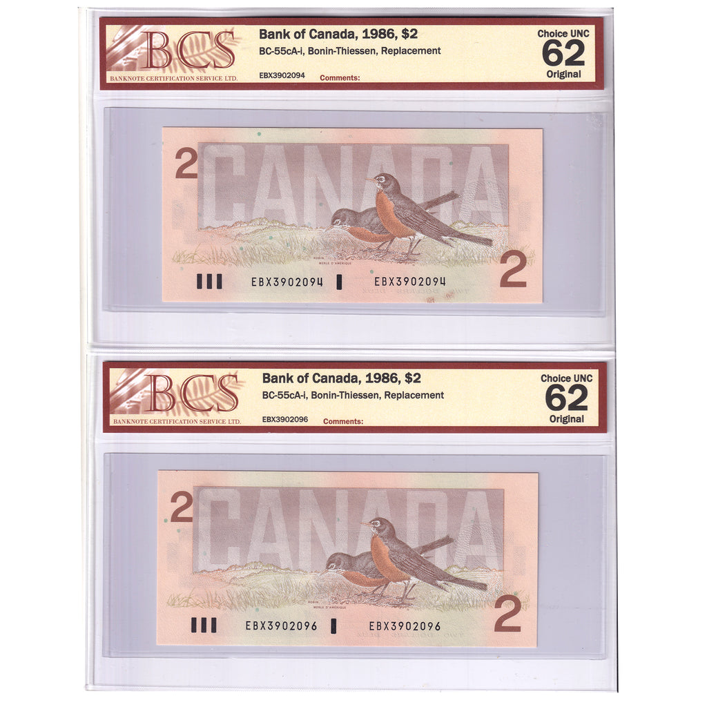 Pair of BC-55cA-i 1986 Canada $2 Notes, B-T, Replacement, EBX, BCS Cert. UNC62, 2pcs