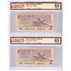 Pair of BC-55c 1986 Canada $2 Notes, B-T, Changeover, CBH, BCS Cert. CUNC63 & 64, 2pcs