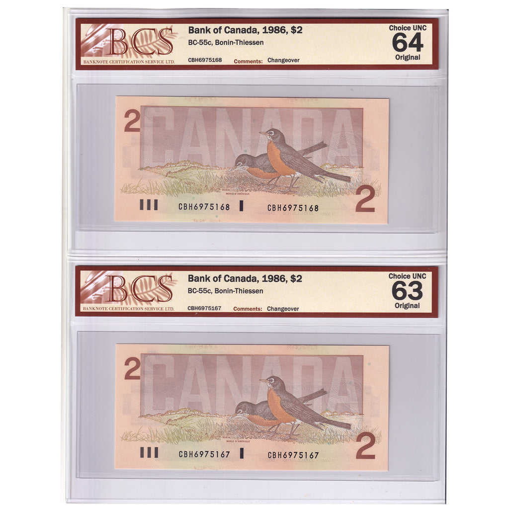 Pair of BC-55c 1986 Canada $2 Notes, B-T, Changeover, CBH, BCS Cert. CUNC63 & 64, 2pcs
