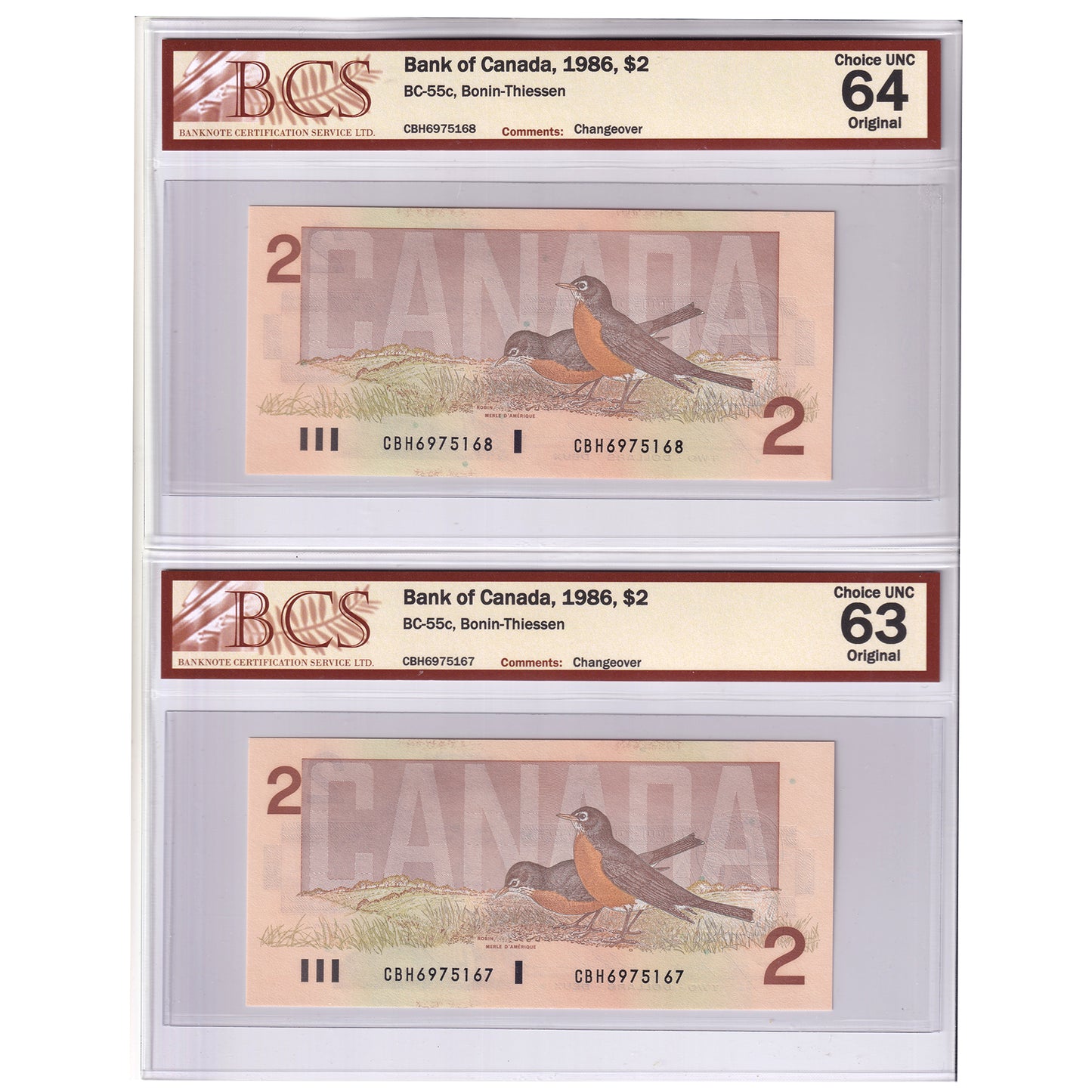 Pair of BC-55c 1986 Canada $2 Notes, B-T, Changeover, CBH, BCS Cert. CUNC63 & 64, 2pcs
