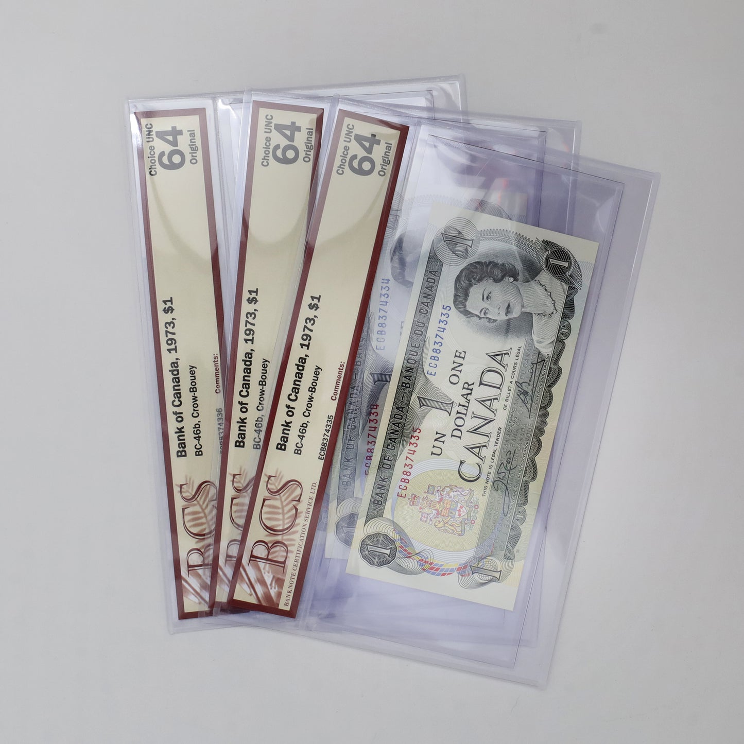 Lot of 3x Consecutive BC-46b 1973 Canada $1 Notes, C-B, ECB, BCS Cert. CUNC64, 3pcs