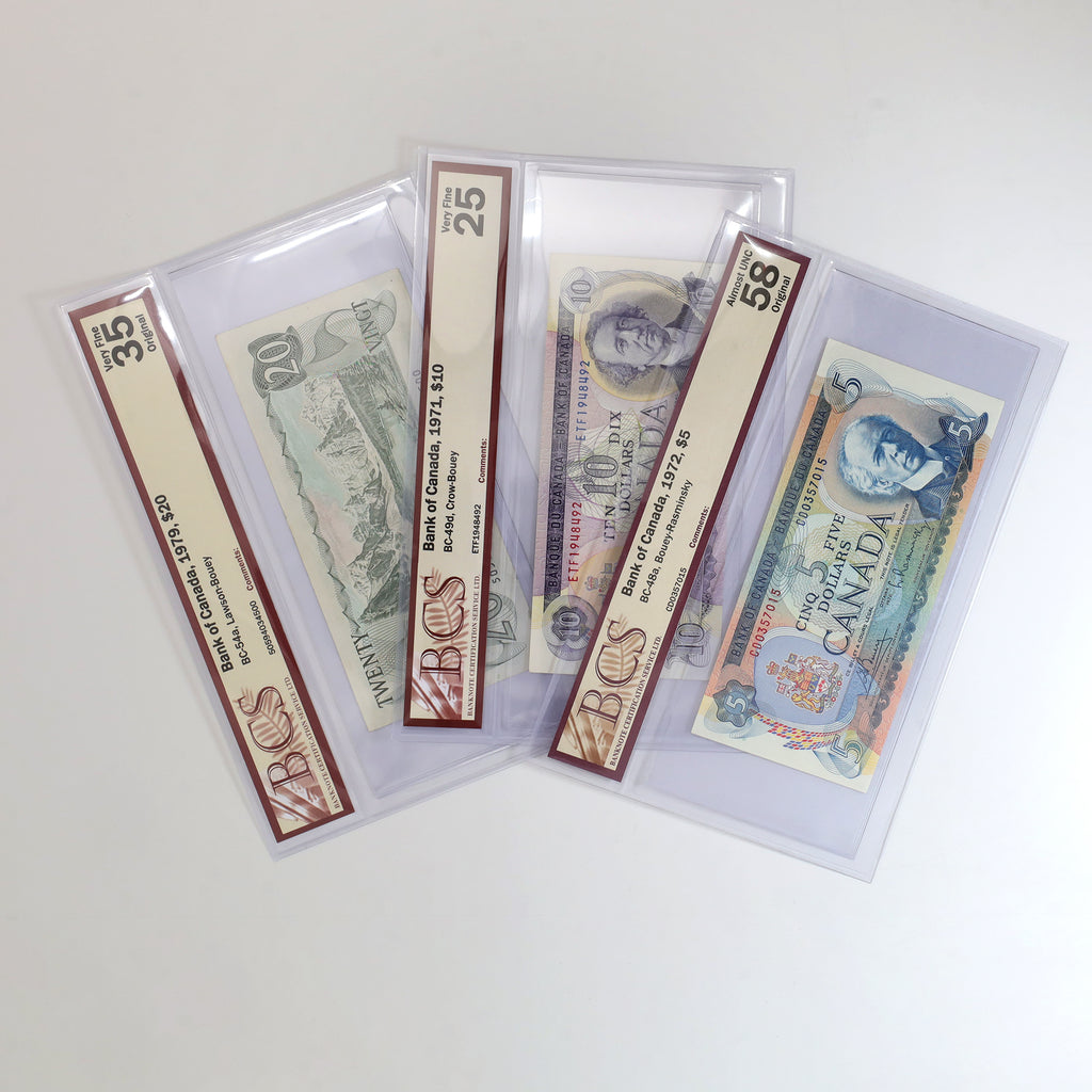 Lot of 3x 1971-1979 Canada Banknotes, $5, $10, $20, BCS Certified VF25 to AU58, 3pcs