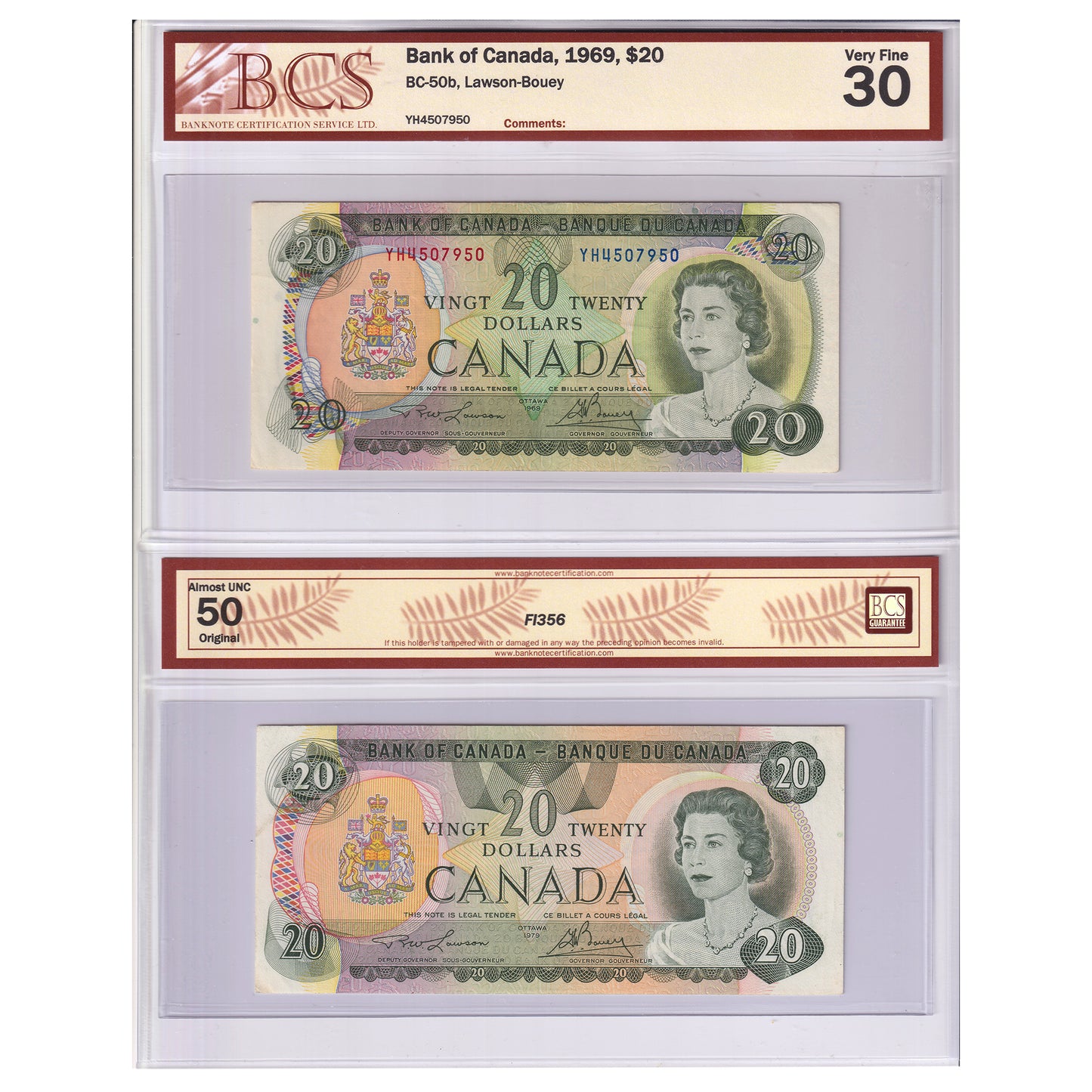 Pair of 1969-1979 Canada $20 Notes, Lawson-Bouey, BCS Certified VF30 & AU50, 2pcs