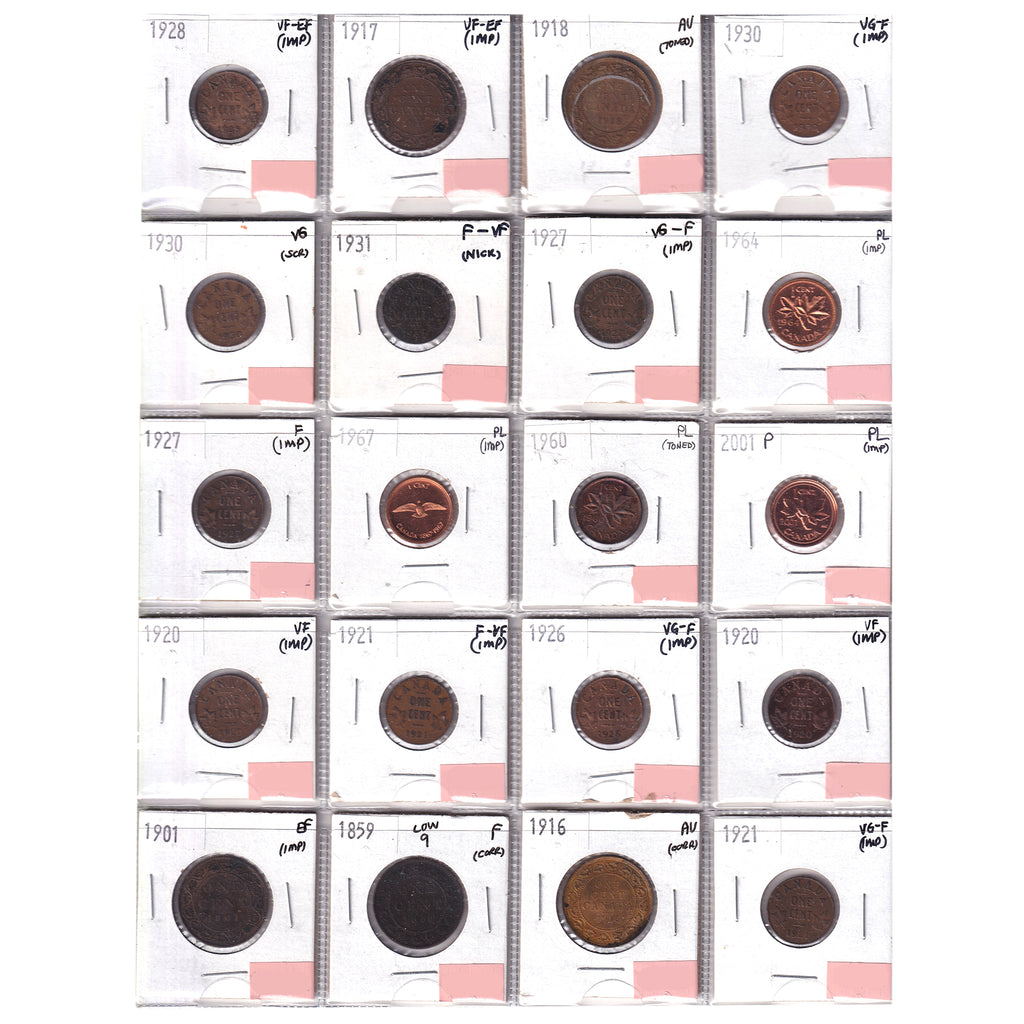 Group Lot of 20x 1859-2001 Canada 1-cents, VG to PL, 20pcs