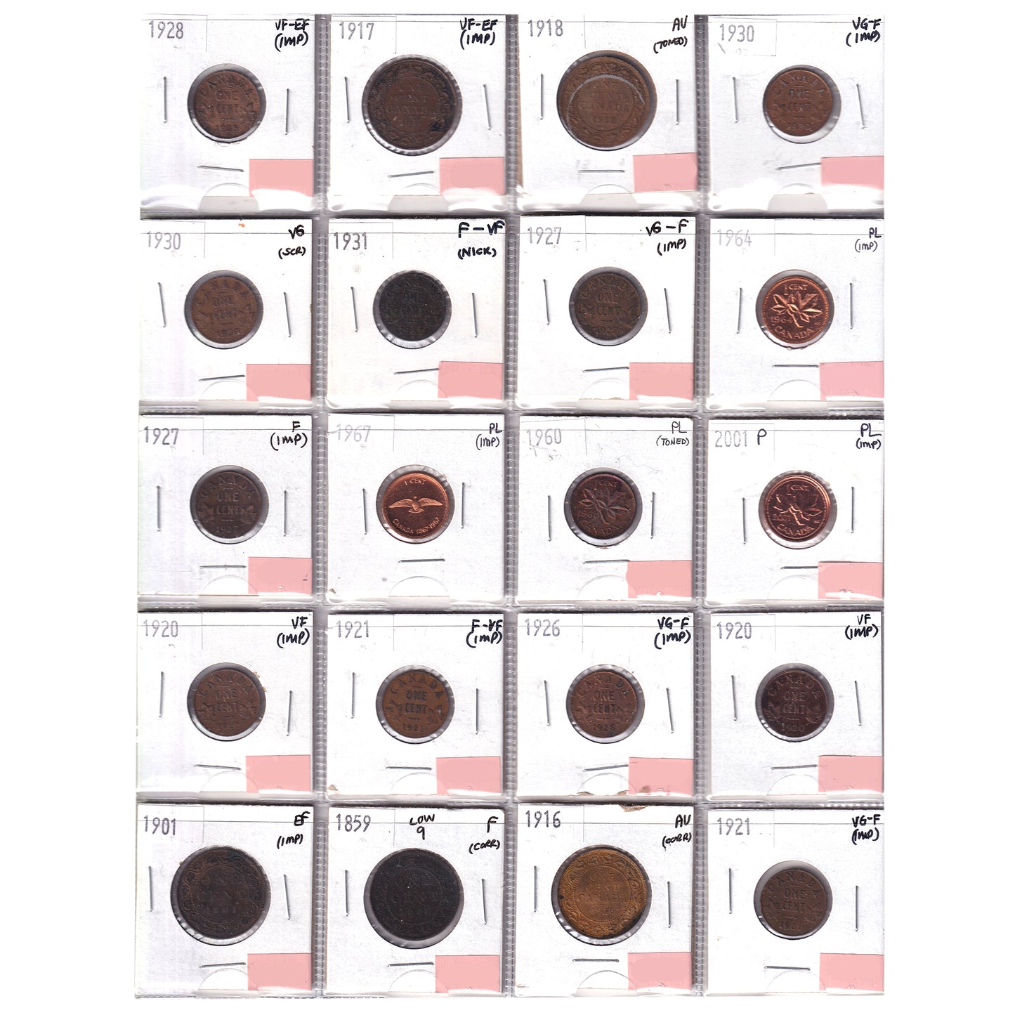 Group Lot of 20x 1859-2001 Canada 1-cents, VG to PL, 20pcs
