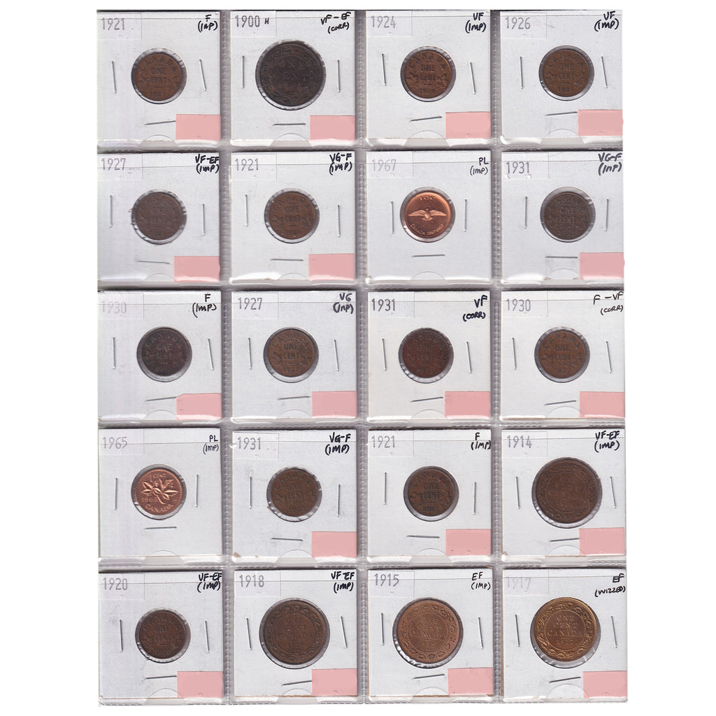 Group Lot of 20x 1900-1967 Canada 1-cents, VG to PL, 20pcs