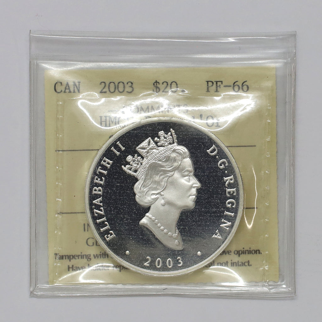 2003 Canada $20 Transportation Ship: HMCS Bras d'Or Sterling Silver ICCS Cert. PF66 UHC