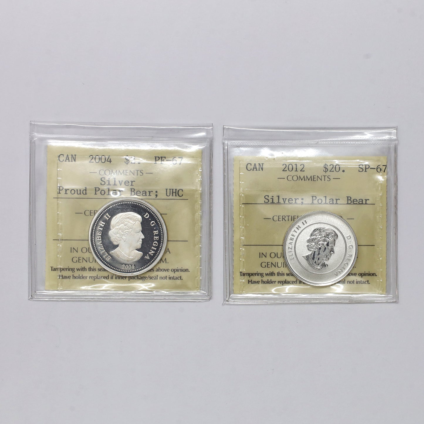 Pair of 2004 & 2012 Canada $2 & $20 Silver Polar Bear Coins ICCS Certified SP67, 2pcs
