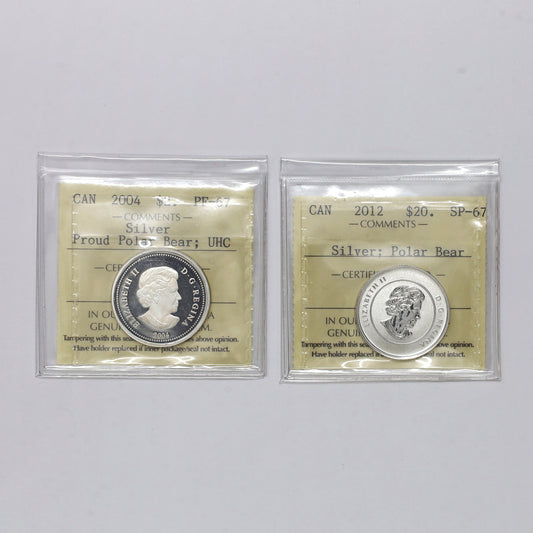 Pair of 2004 & 2012 Canada $2 & $20 Silver Polar Bear Coins ICCS Certified SP67, 2pcs