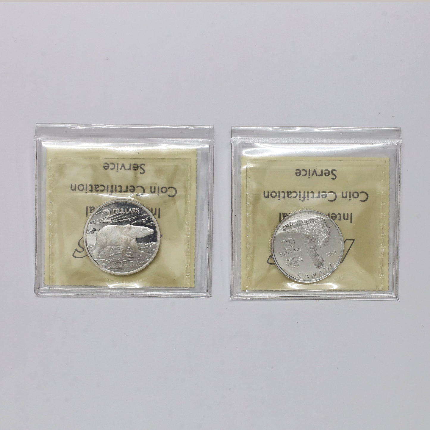 Pair of 2004 & 2012 Canada $2 & $20 Silver Polar Bear Coins ICCS Certified SP67, 2pcs