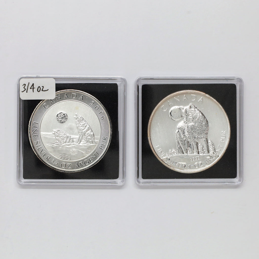 Pair of 2011 & 2016 Canada $2 & $5 Fine Silver Wolf Coins, 2pcs (No Tax) scr. caps