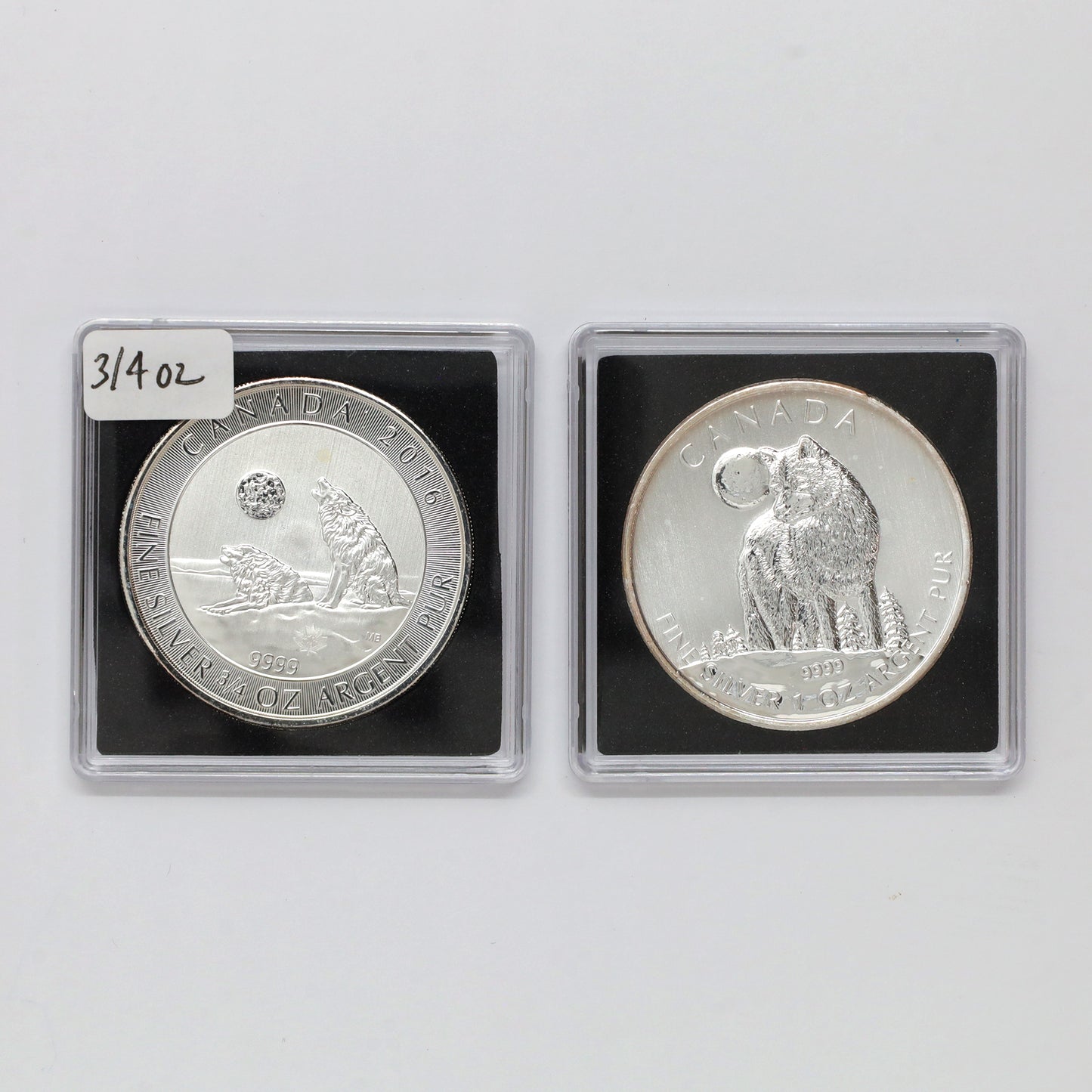 Pair of 2011 & 2016 Canada $2 & $5 Fine Silver Wolf Coins, 2pcs (No Tax) scr. caps