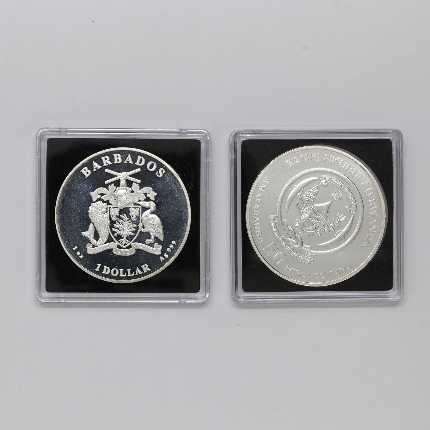 Pair of Rwanda & Barbados 2018 & 2021 1oz. .999 Silver Rounds, 2pcs (No Tax) scr. caps