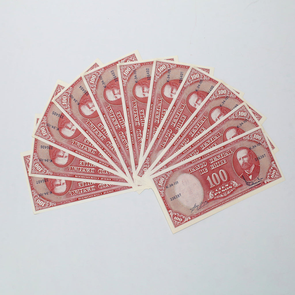 Lot of 11x Sequential Chile 1957-1958 100 Pesos Banknotes, 11pcs