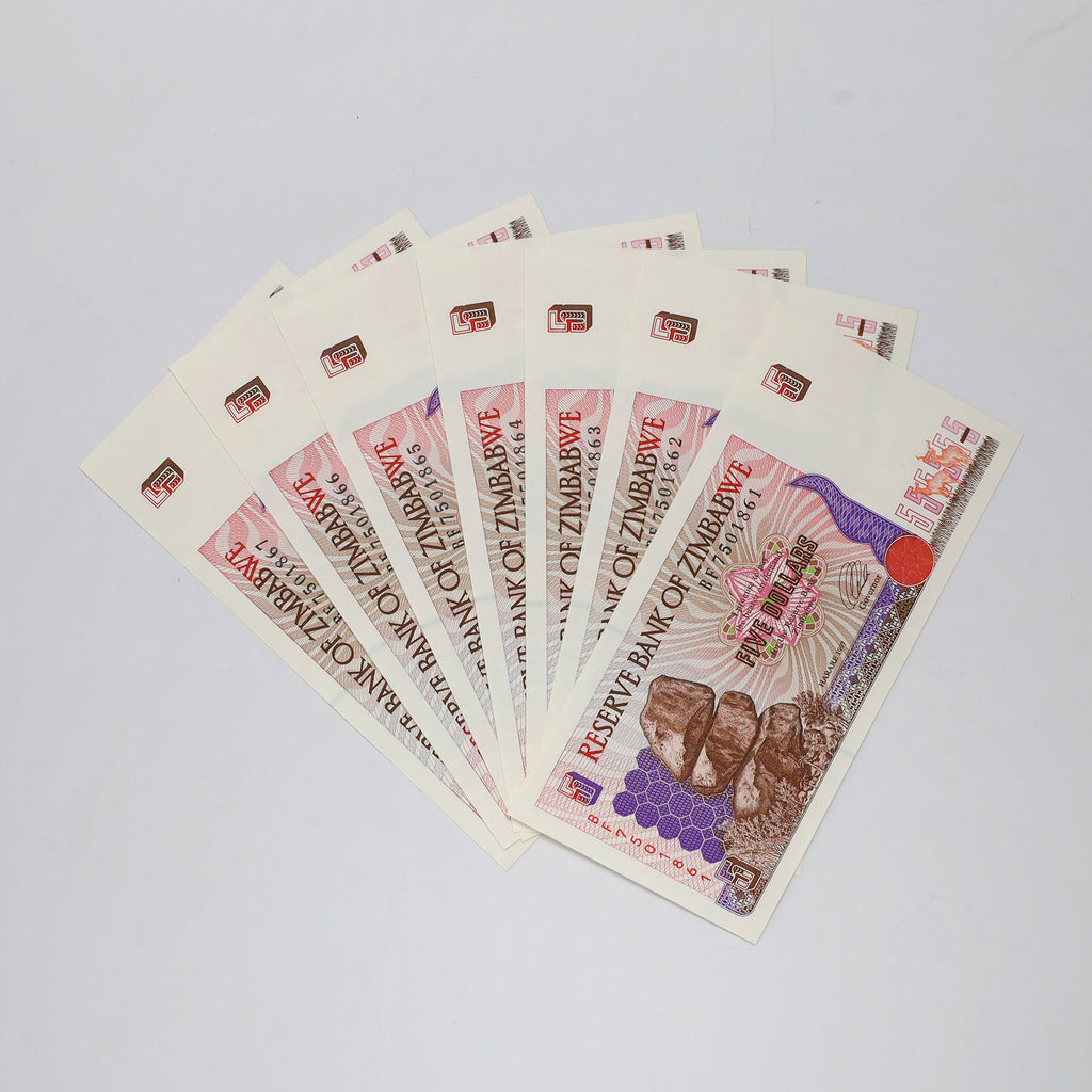 Lot of 7x Sequential Zimbabwe $5 Banknotes, 7pcs