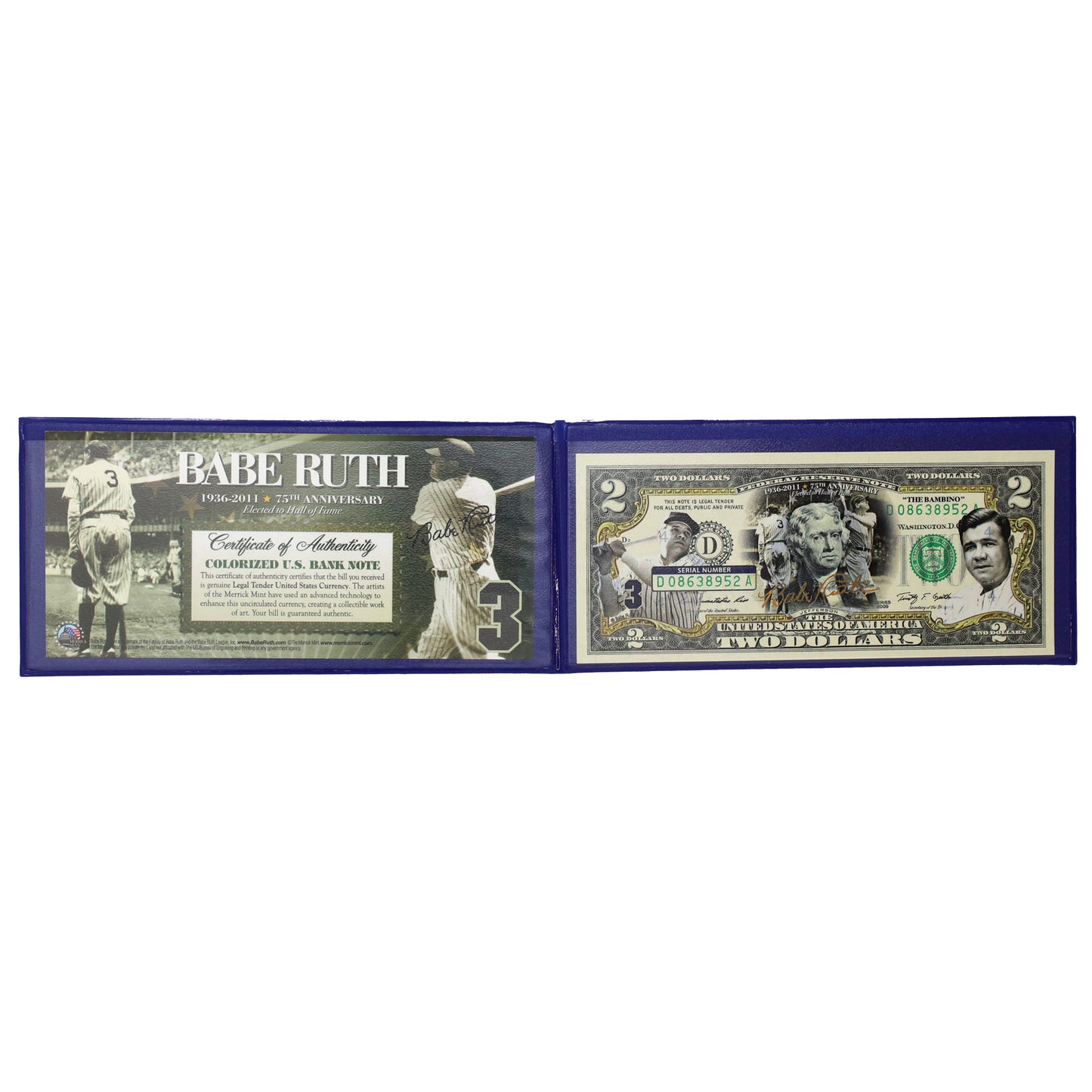 2009 USA $2 Babe Ruth Colourized Commemorative Banknote in Folder