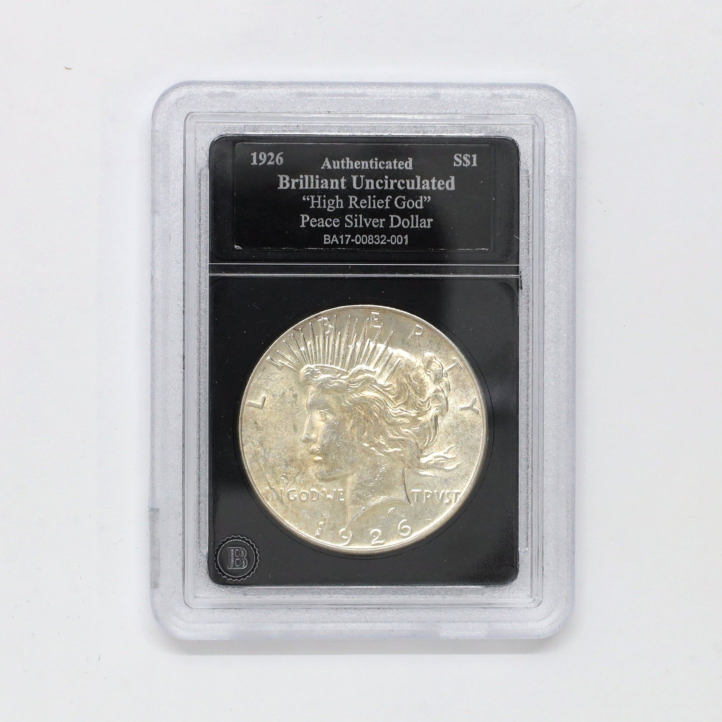 1926 USA High Relief God Silver Dollar in Bradford Exchange Slab and Case (wear)