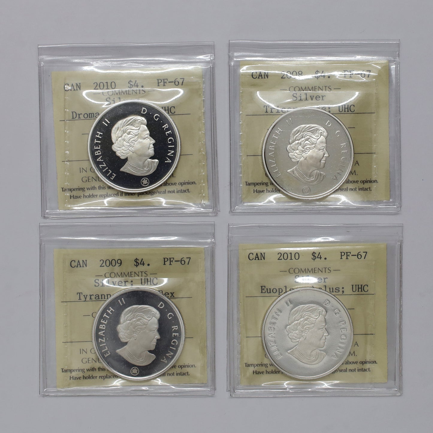 Lot of 4x 2008-2010 Canada $4 Dinosaurs Fine Silver ICCS Cert. PF67 UHC, 4pcs (No Tax)