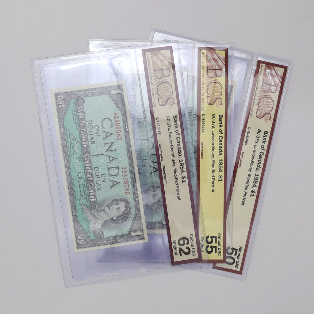 Lot of 3x 1954 Canada $1 Notes, Modified Portrait, BCS Certified AU50 to CUNC62, 3pcs