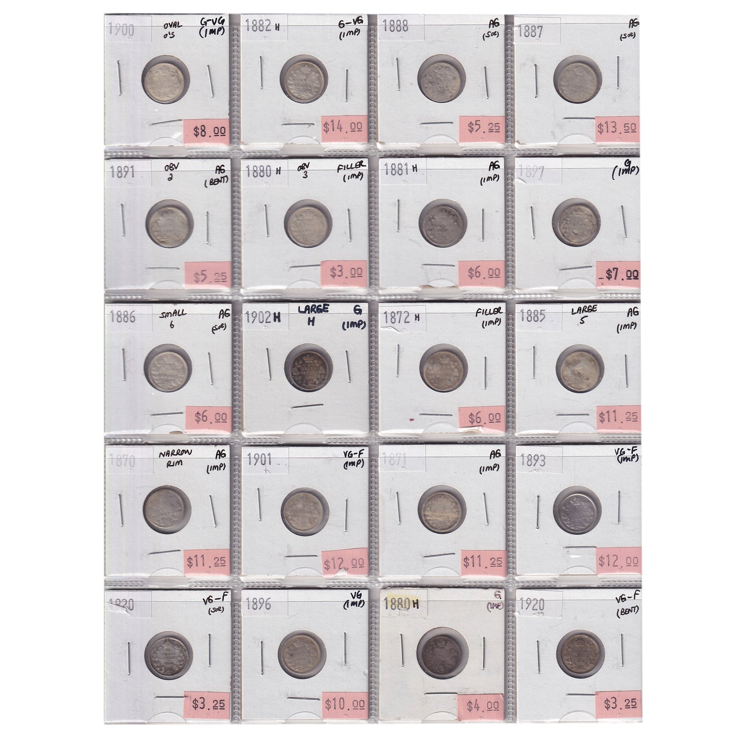 Group Lot of 20x 1870-1920 Canada Silver 5-cents, Filler to VG-F, 20pcs