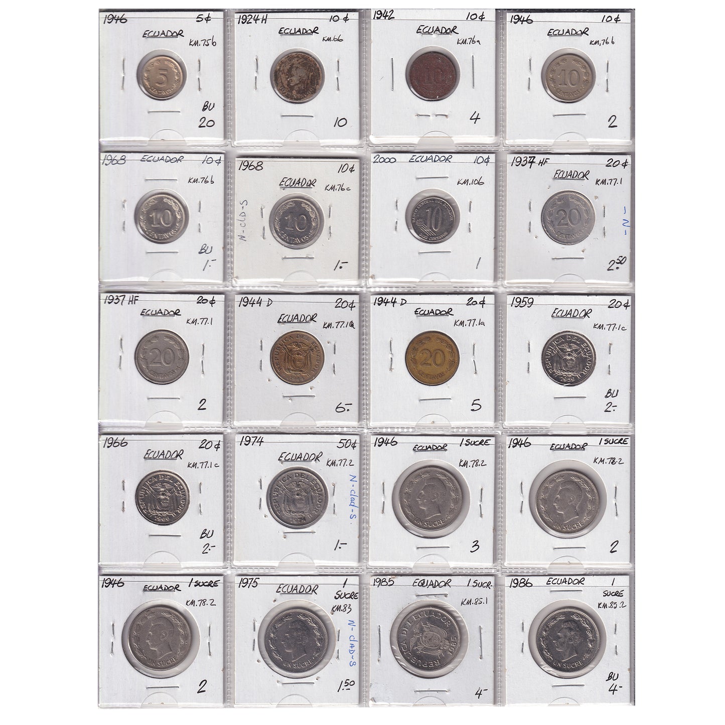 Group Lot of 33x Ecuador 1924-2000 Decimal, 33pcs