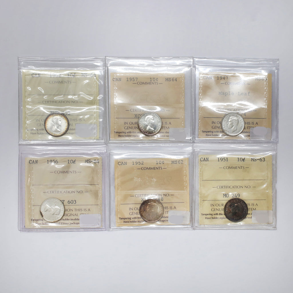 Lot of 6x 1947-1962 Canada 10-cents ICCS Certified MS62 to MS64, 6pcs