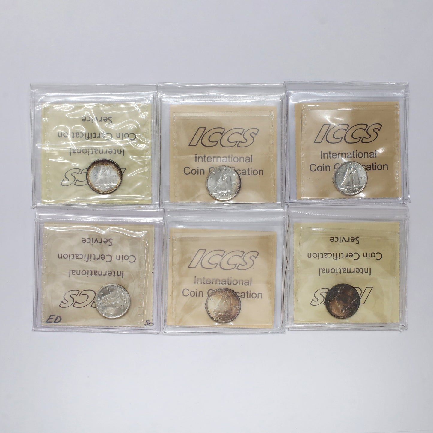 Lot of 6x 1947-1962 Canada 10-cents ICCS Certified MS62 to MS64, 6pcs