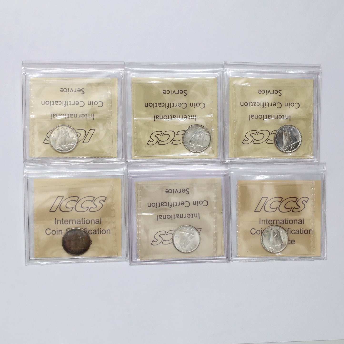 Lot of 6x 1951-1965 Canada 10-cents ICCS Certified MS62 to MS64, 6pcs