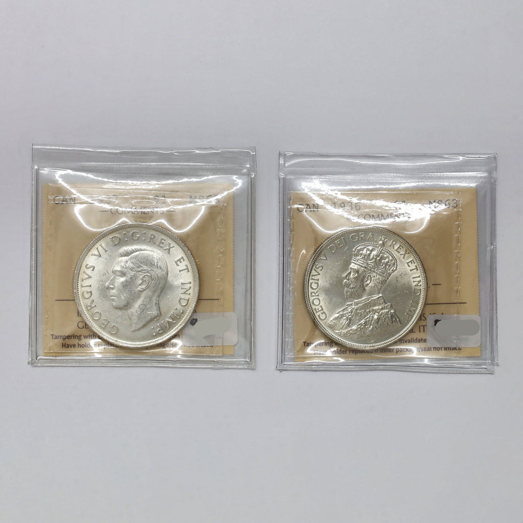 Pair of 1936 & 1937 Canada Silver Dollars ICCS Certified MS63, 2pcs