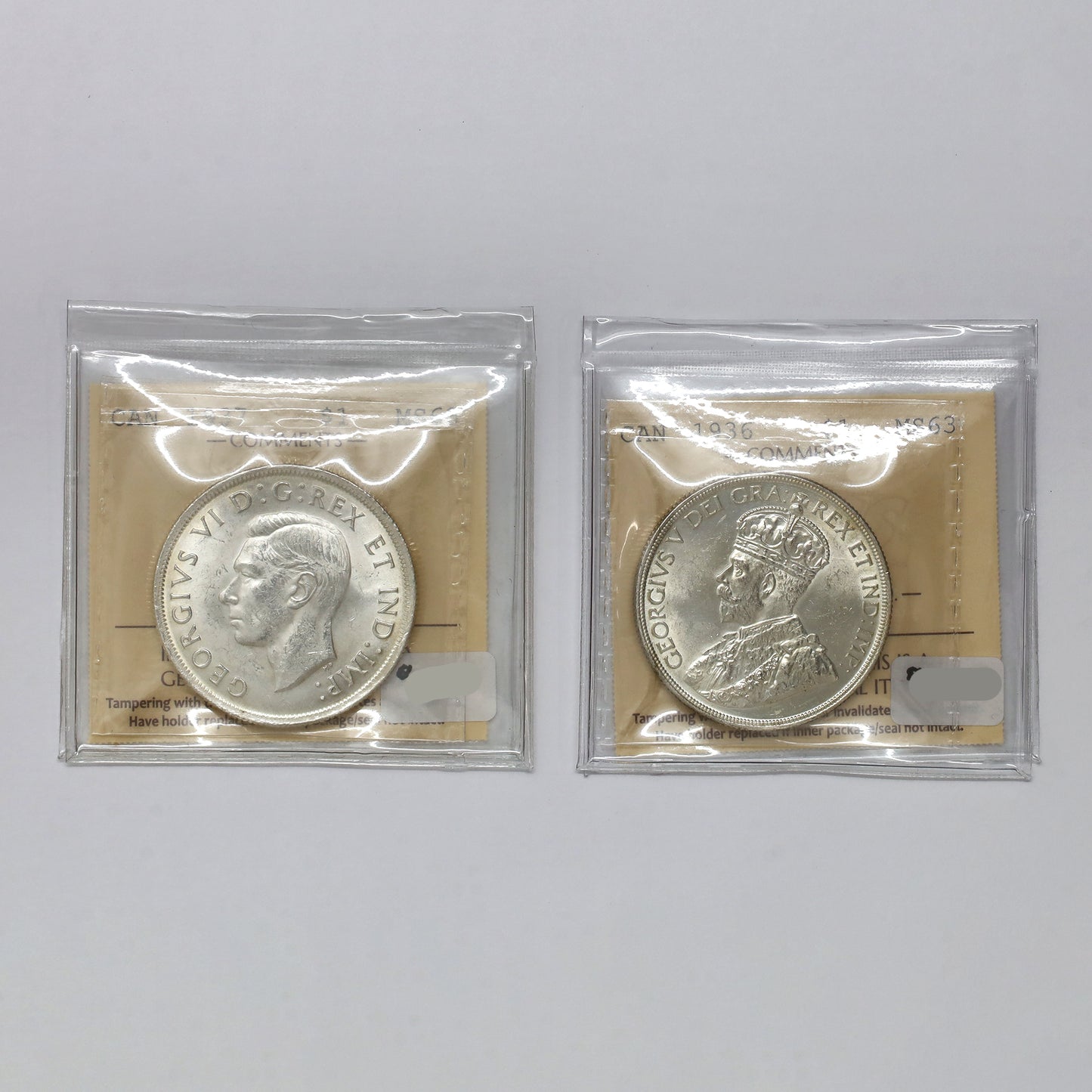 Pair of 1936 & 1937 Canada Silver Dollars ICCS Certified MS63, 2pcs