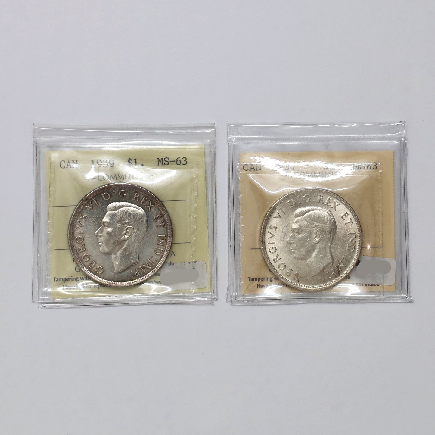 Pair of 1937 & 1939 Canada Silver Dollars ICCS Certified MS63, 2pcs