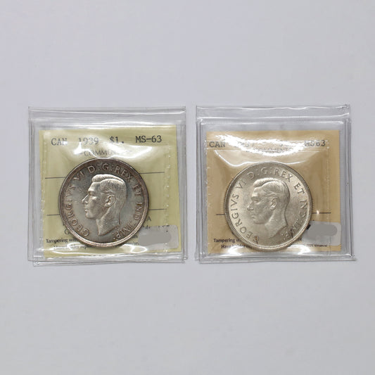 Pair of 1937 & 1939 Canada Silver Dollars ICCS Certified MS63, 2pcs