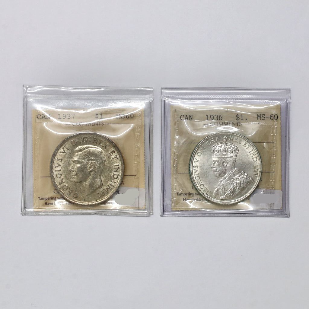 Pair of 1936 & 1937 Canada Silver Dollars ICCS Certified MS60, 2pcs
