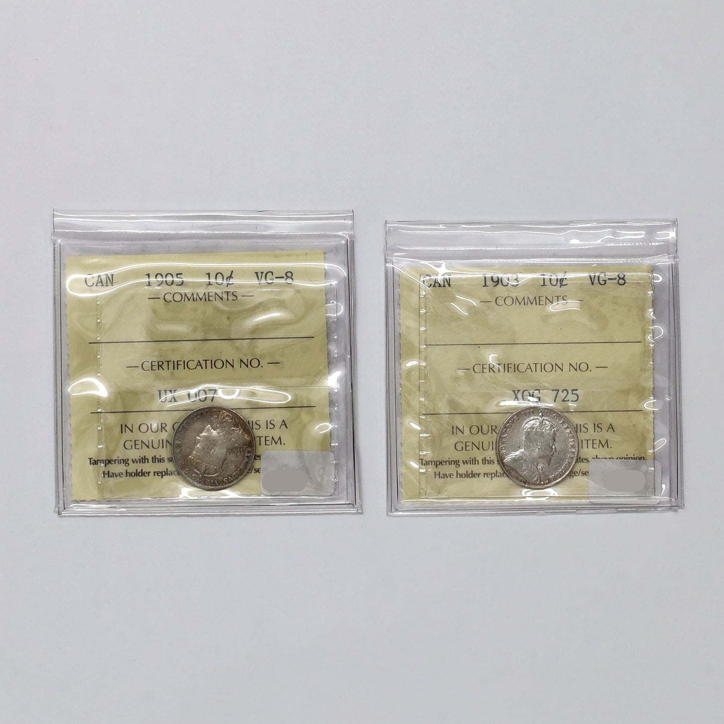 Pair of 1903 & 1905 Canada 10-cents ICCS Certified VG8, 2pcs
