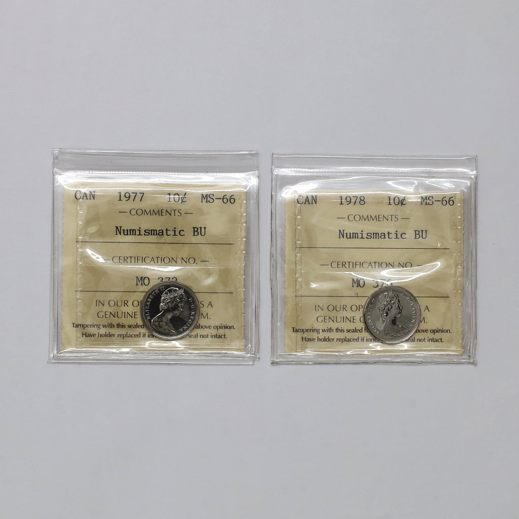 Pair of 1977 & 1978 Canada 10-cents ICCS Certified MS66 Numismatic BU, 2pcs