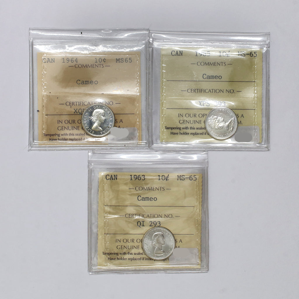 Lot of 3x 1963-1965 Canada 10-cents ICCS Certified MS65 Cameo, 3pcs