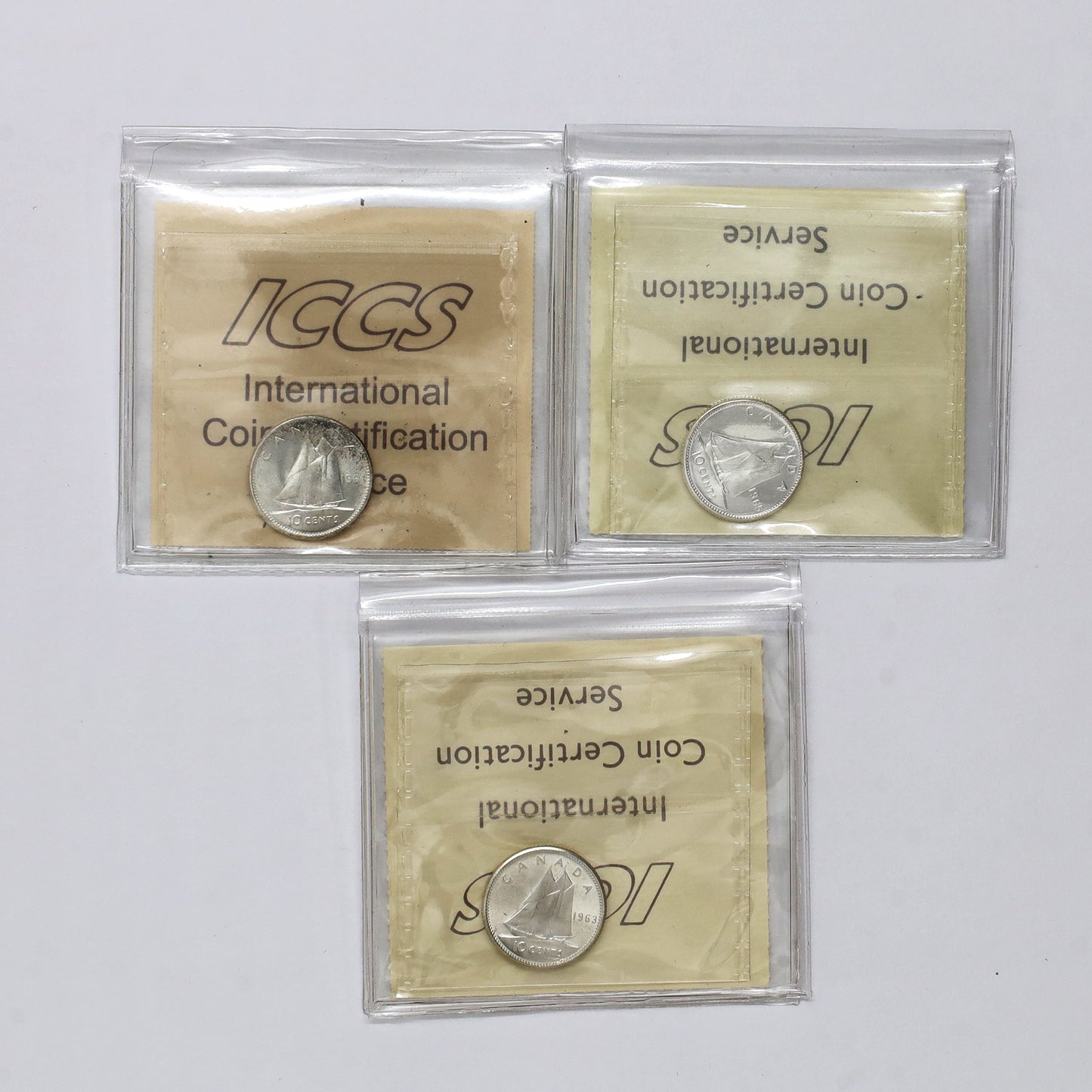 Lot of 3x 1963-1965 Canada 10-cents ICCS Certified MS65 Cameo, 3pcs